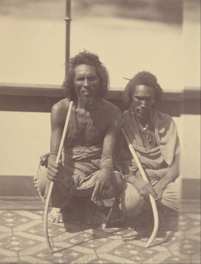 Portret van Twee Inheemse Mannen Zittend op een Boot met Lange Gebogen Stokken door Théodule Devéria